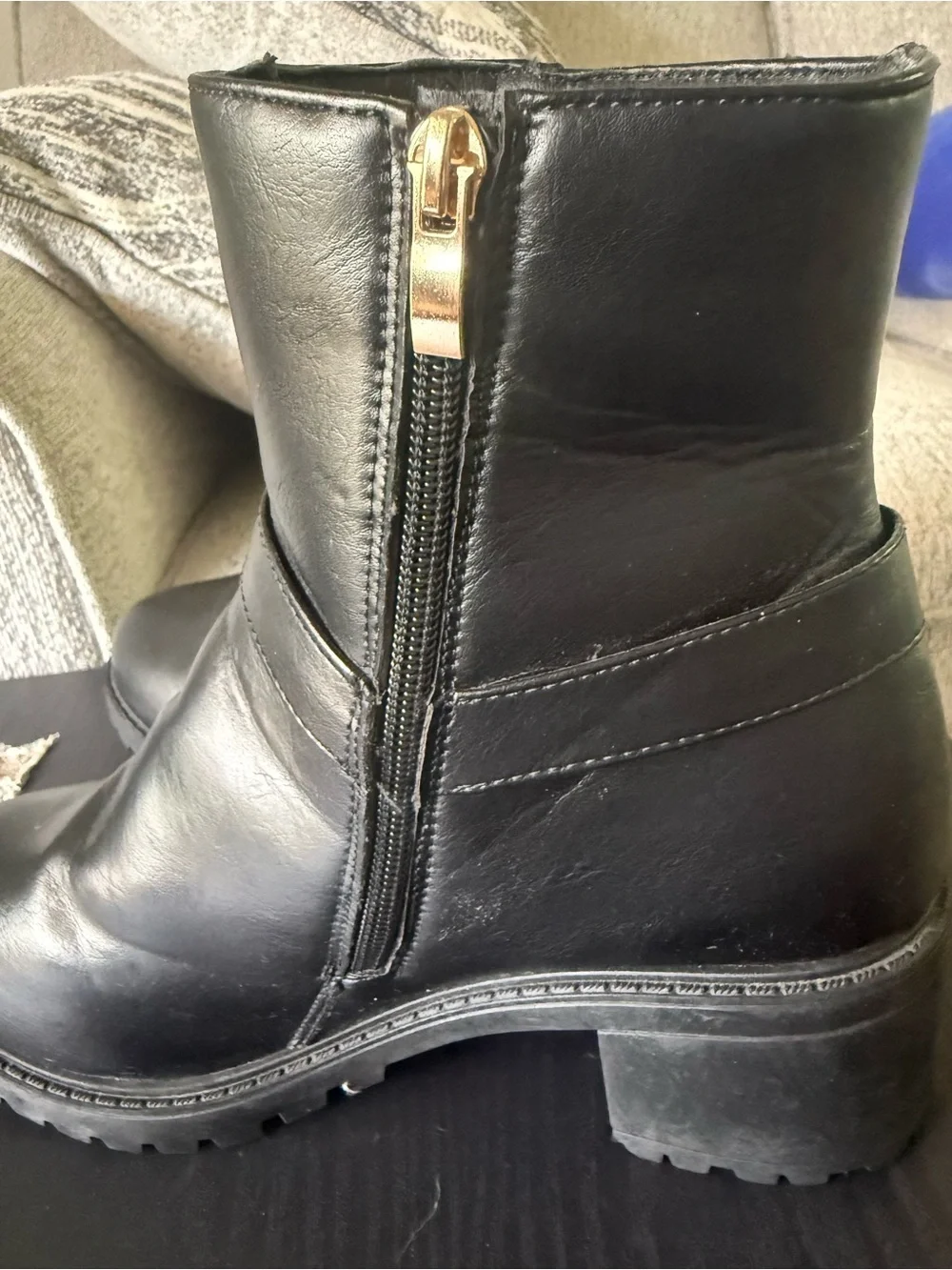Black Leather Ankle Booties with Strap Accent